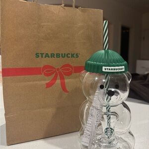 Starbucks Bear-ista Clear Bear Tumbler with Green Lid and Straw